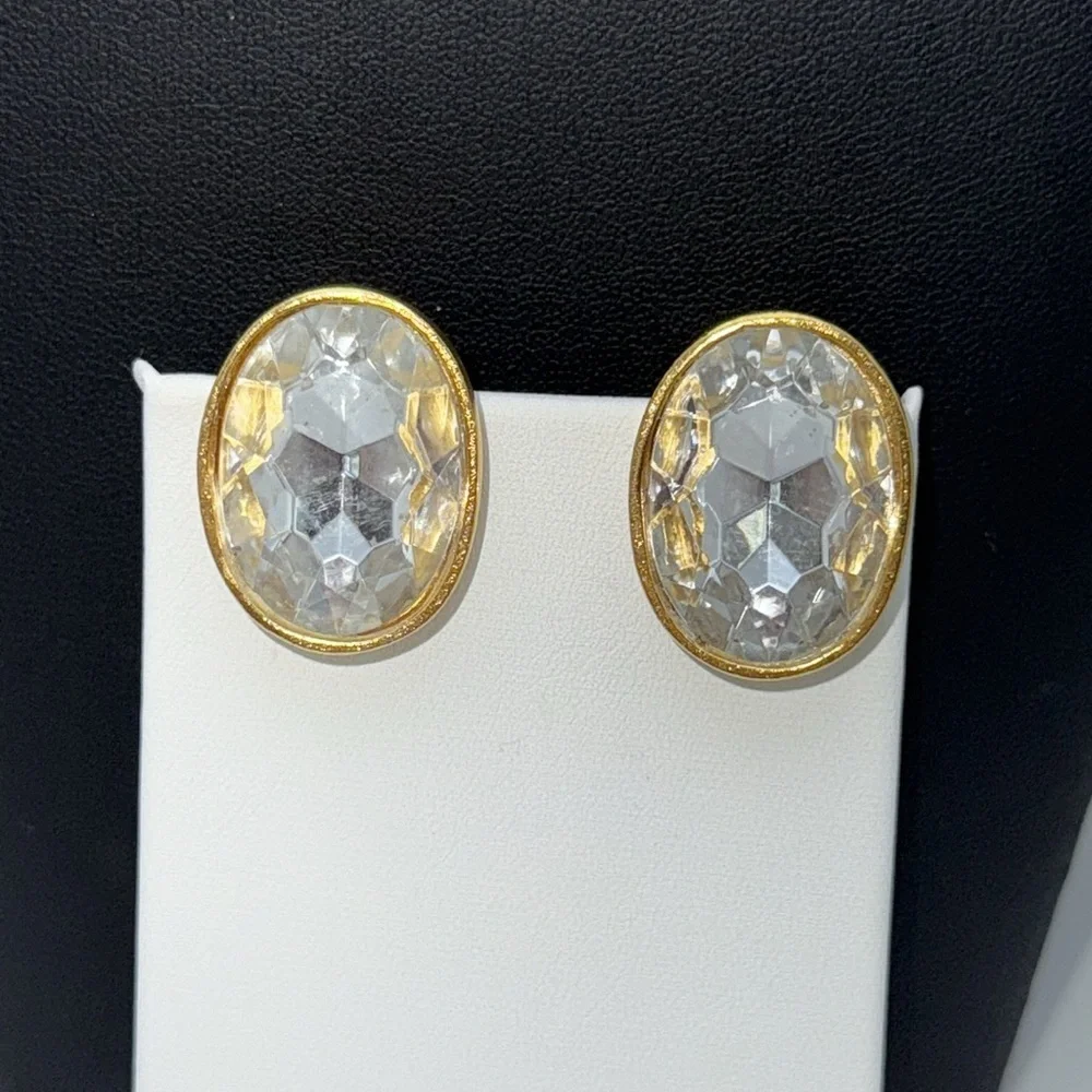 Vintage Ellen Deisgn clear faceted headlight 80s oval statement clip earrings